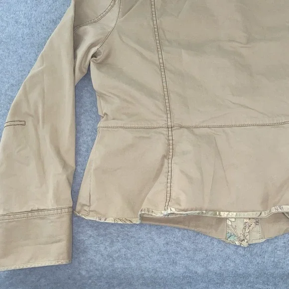 GAP Women's XL Khaki Cotton Twill Jacket Floral Trim Utility Peplum Button Up - Picture 12 of 16